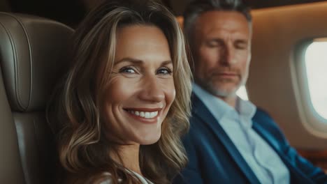 successful couple traveling in a private jet
