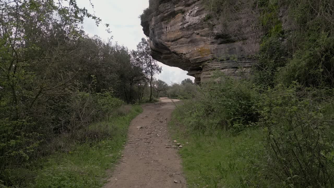 Forest trail winding through verdant landscape, revealing unique rock formation nestled in catalonian wilderness, providing serene hiking experience amid natural mediterranean scenery