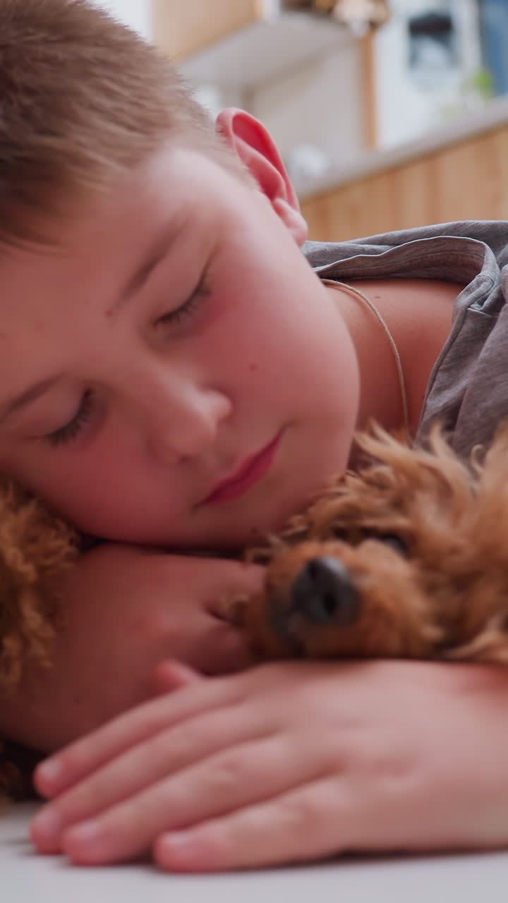 bambino assonnato che abbraccia un cane di peluche, primo piano, serie intima di fotogrammi che mostrano un bambino che appoggia la guancia sul giocattolo, mano delicata che culla il compagno peloso, luce calda della cucina, atmosfera calma e tenera, comfort familiare
