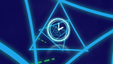 animación del reloj sobre formas geométricas sobre fondo azul oscuro