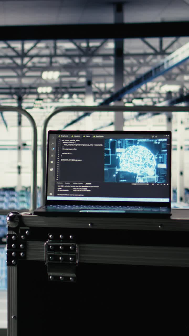 Vertical Video Ai Coding Script Running On Laptop Managing Server Farm Mainframes