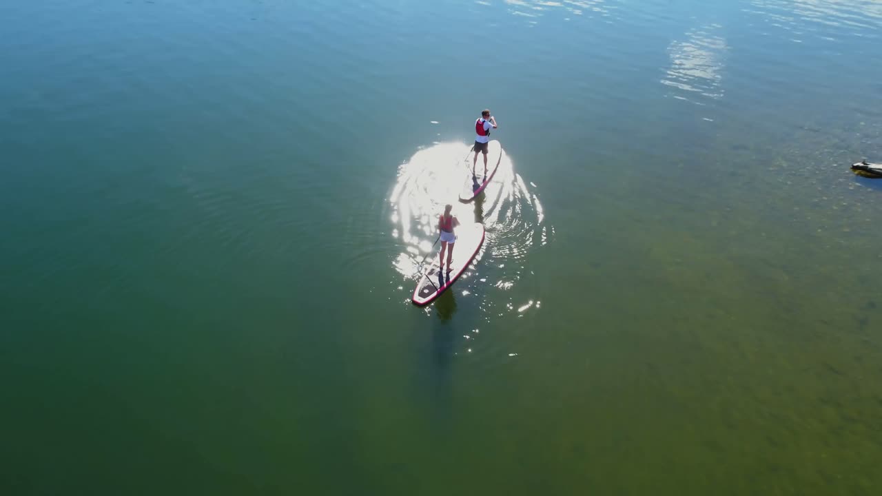 en un par de stand up paddle board remando en el río 4k