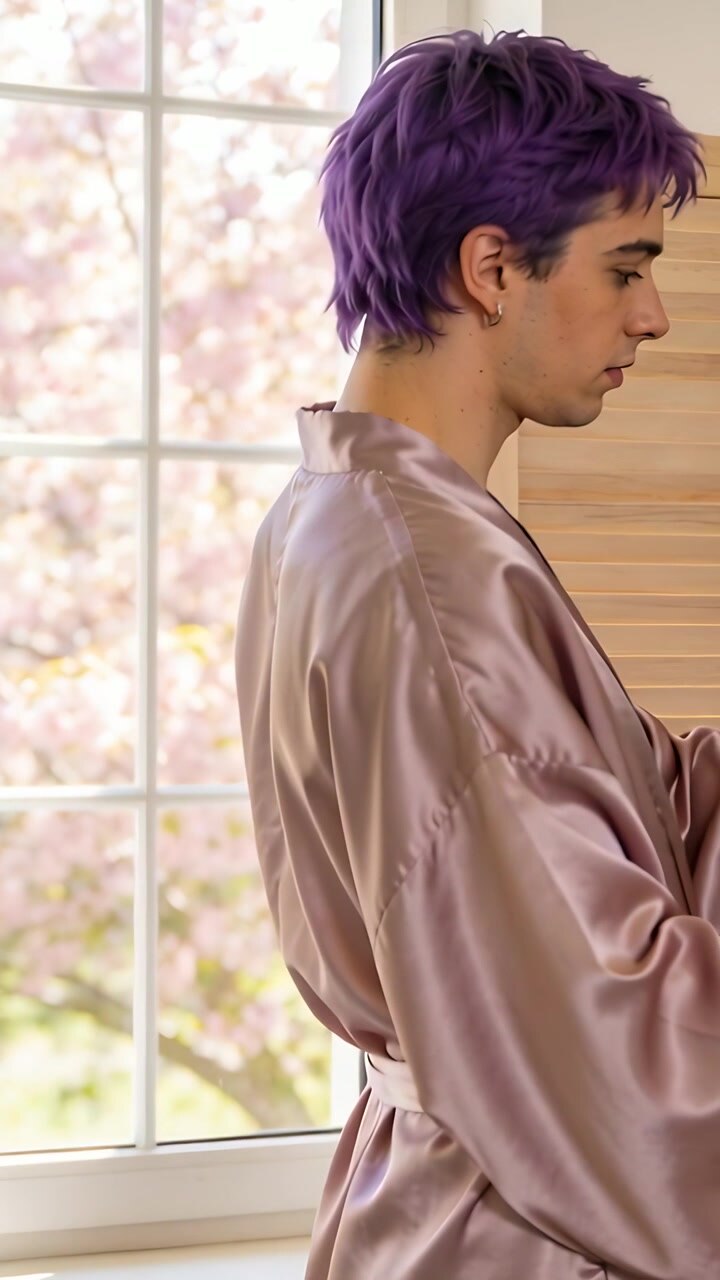 Vertical video: Noticing object, man in satin robe checking object by multi-pane window, copy space