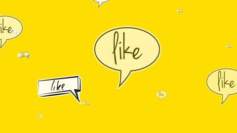 Animation-of-like-text-on-vintage-speech-bubbles-over-yellow-background