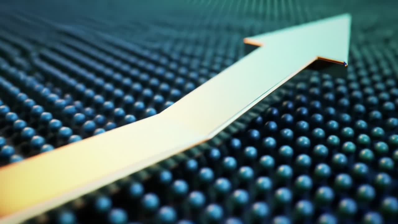 An upward arrow moves over colorful data points, illustrating market trends in a finance environment. This dynamic display highlights investment strategies and analytics.