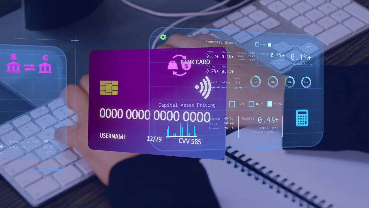 Woman typing on keyboard, causing purple card hologram rotating with HUD charts forming for finance