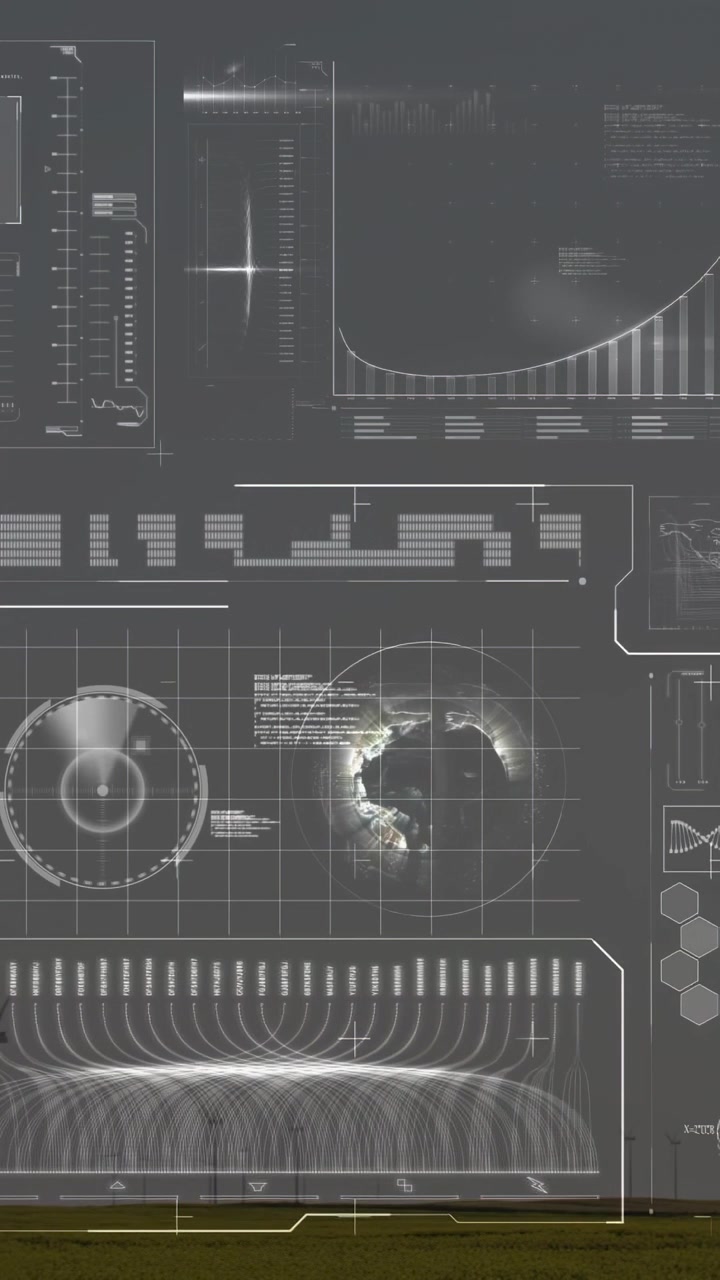Vertical video: Hologram globe rotating and pulsing on data input, updating tech chart and waveform