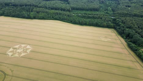 Aerial-view-flying-across-Micheldever-crop-circle-geometric-designs-on-Hampshire-agricultural-field