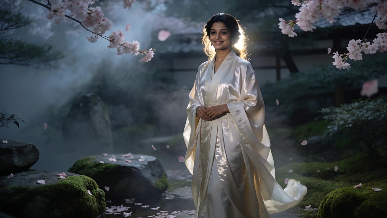 Brezza leggera che porta petali mentre una donna sudasiatica sorride in un giardino notturno, indossando una vestaglia kimono di seta.
