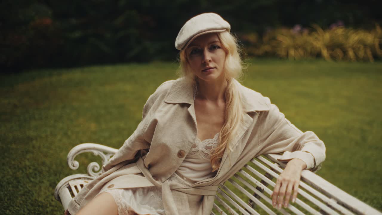 Woman in trench coat sitting on bench in garden