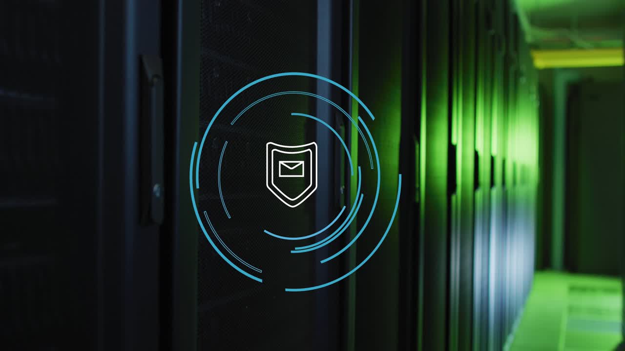Animation of shield with envelope icon and circles over server room