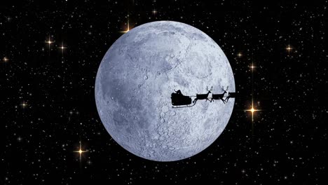 Snow-falling-over-santa-claus-in-sleigh-being-pulled-by-reindeers-against-moon-and-shining-stars