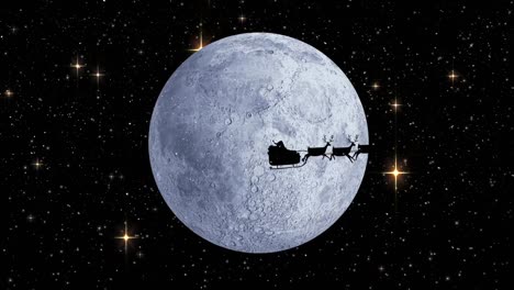 snow falling over santa claus in sleigh being pulled by reindeers against moon and shining stars