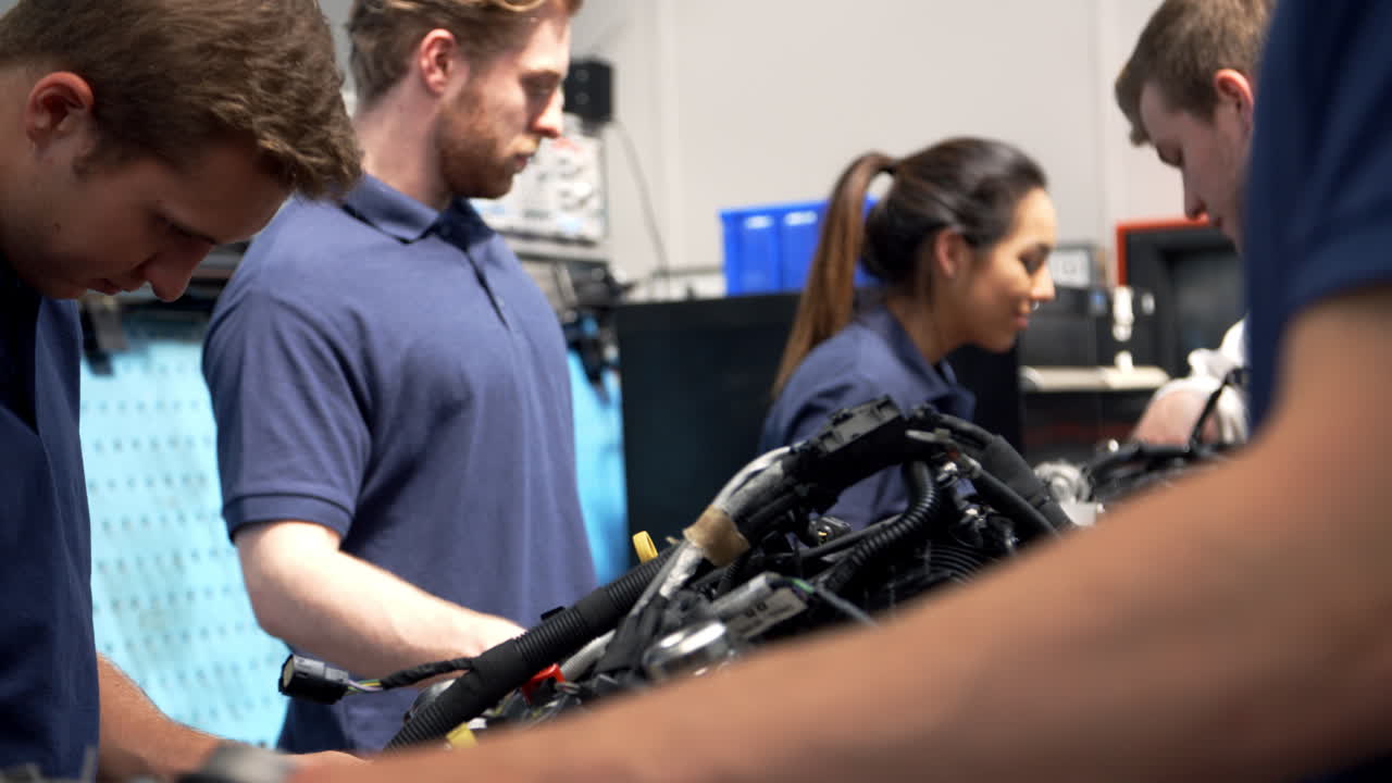grupo de estudiantes que trabajan en motores de automóviles en una clase universitaria