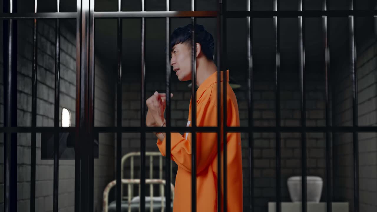 vista lateral de un prisionero masculino asiático con esposas de pie en la cárcel, señalándose con los dedos y sacudiendo la cabeza enojado dudando de algo