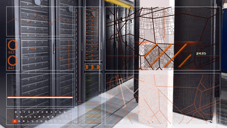 animation of interface with data processing against computer server room