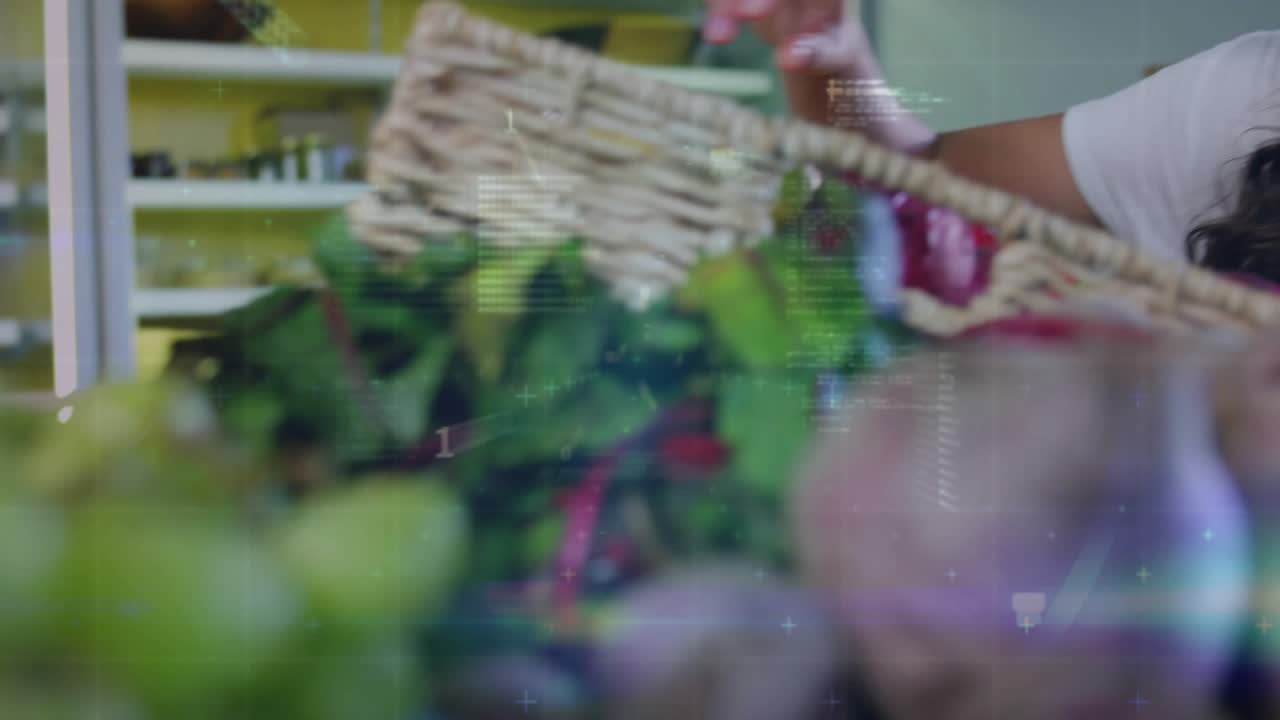 Woman reaching into basket inspecting red pepper in grocery, HUD overlays highlighting quality