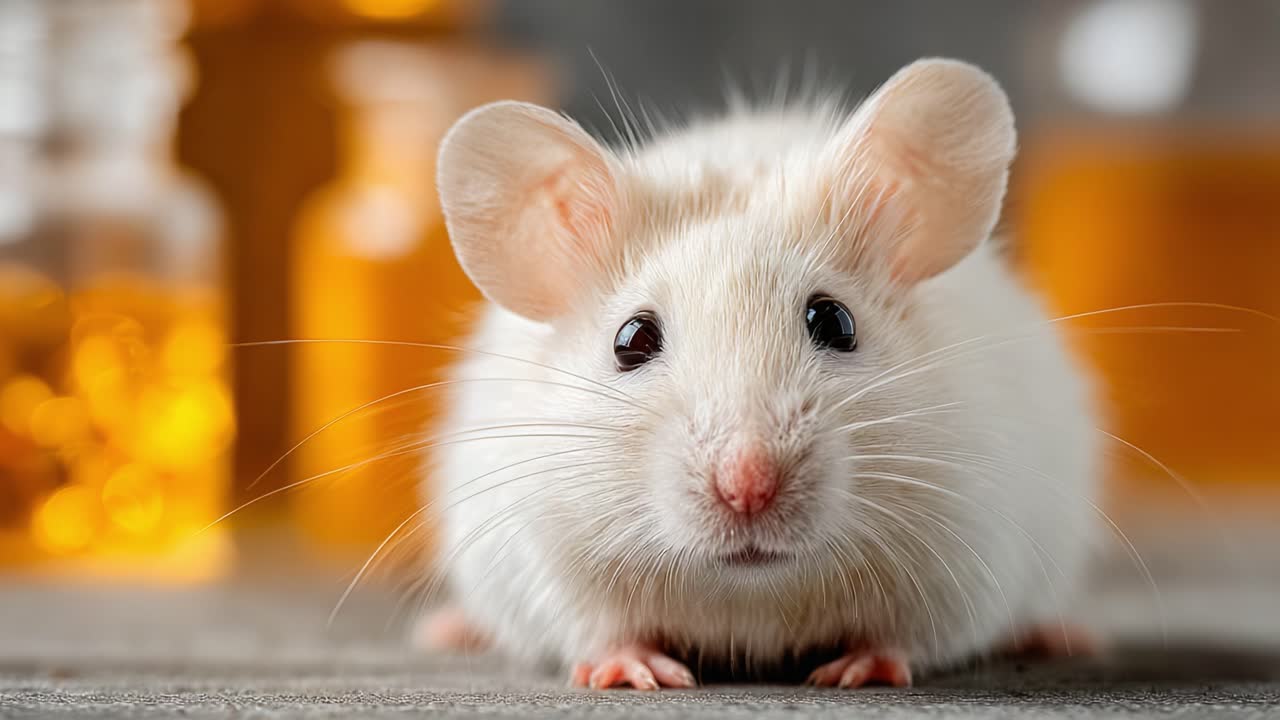 A Close-Up Look at a White Laboratory Mouse Surrounded by Glass Containers, Showcasing Its Stunning Features and Features of a Controlled Environment