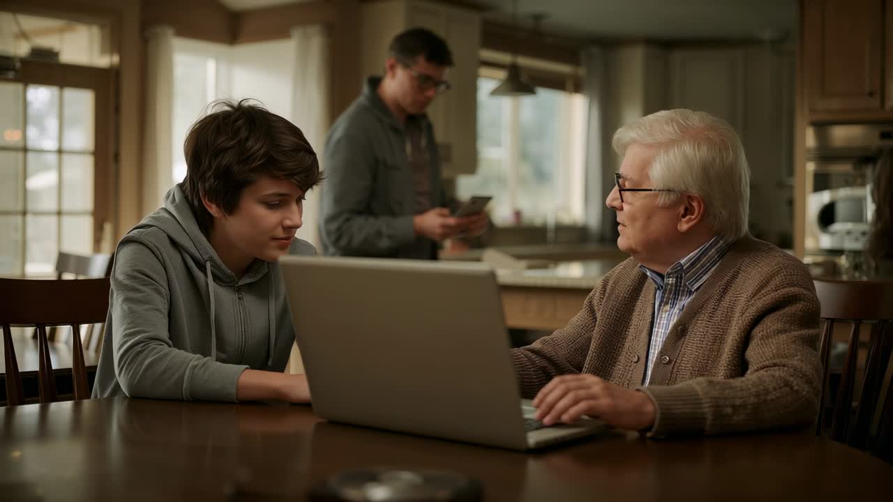 Typing senior in brown cardigan responding to adult tapping phone in kitchen, teen watching laptop