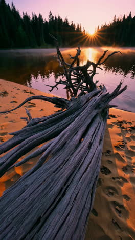 sunrise over a tranquil river with driftwood