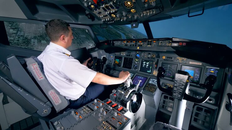 Un aviatore siede in un simulatore di volo e gira un aereo a sinistra. 4K