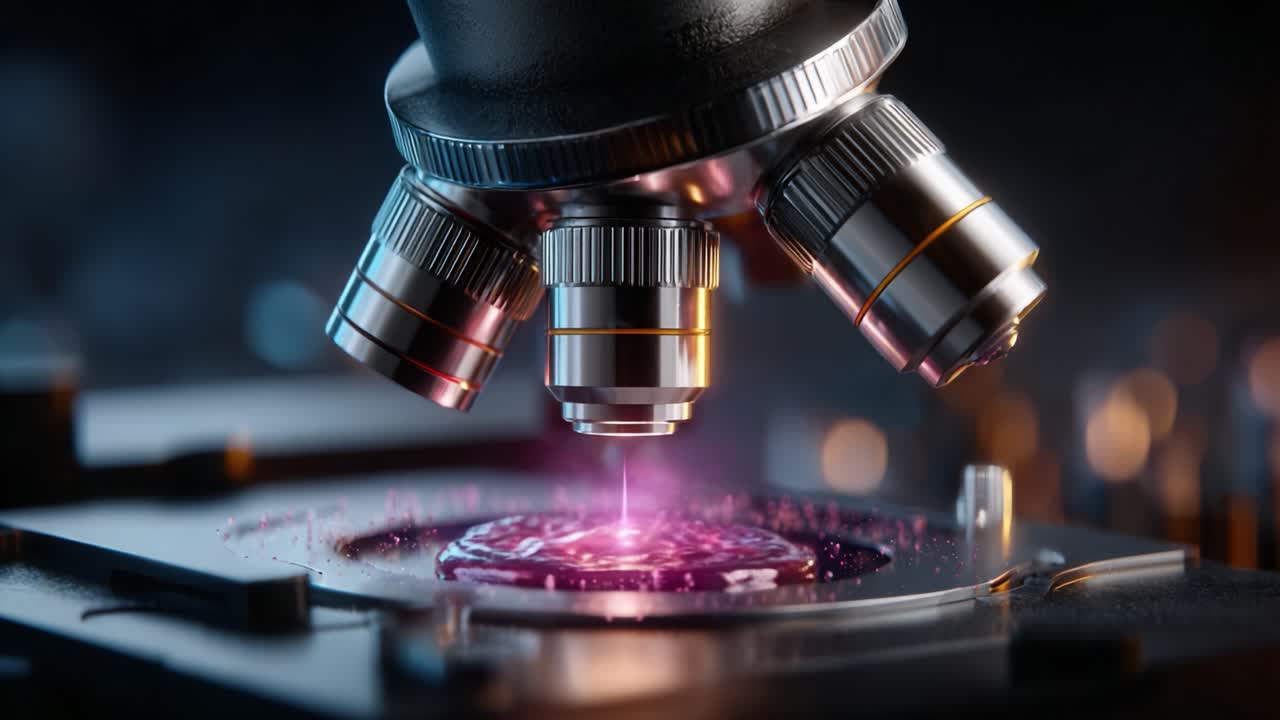 A Close-Up View of an Advanced Microscope Analyzing Biological Samples with Vibrant Purple Light Emission from the Specimen Stage