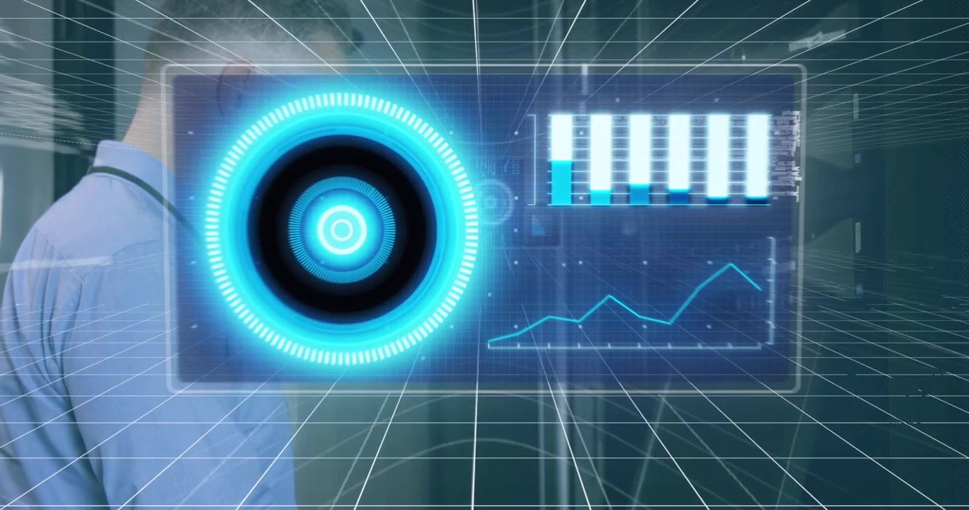 Animazione di scansione ed elaborazione dati su un tecnico informatico caucasico che ripara un server