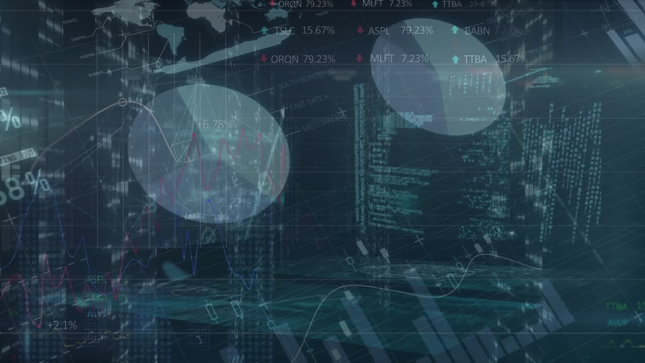 Animation of financial data processing over screens and grid