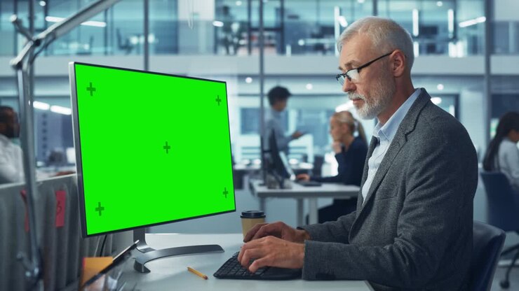 Bello specialista senior che lavora al computer desktop con display a schermo verde chroma key in un affollato ufficio aziendale. Manager uomo maturo che lavora in modo creativo in un ambiente di lavoro internazionale multietnico.