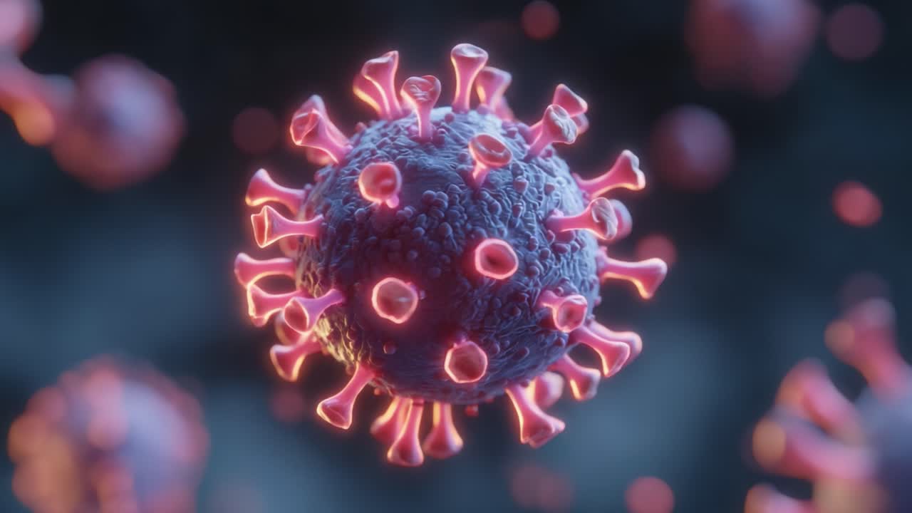Detailed Visual Representation of a Virus Particle, Highlighting Its Unique Structure and Spikes Which Play a Crucial Role in Infection Mechanisms