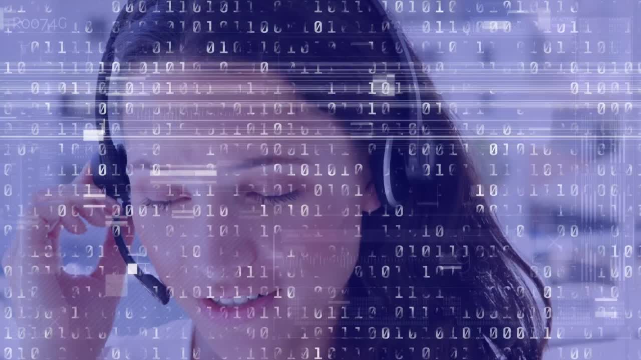 Animation of binary coding and interference over biracial businesswoman wearing phone headset