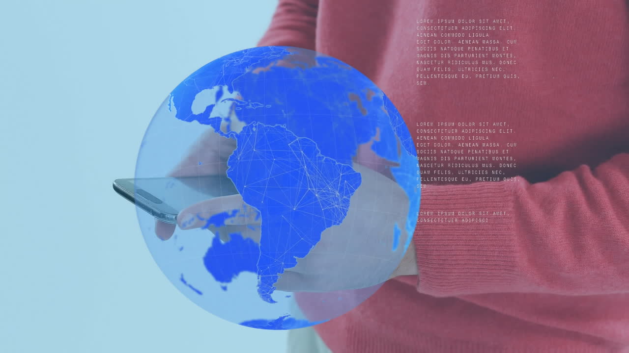 animación del procesamiento de datos sobre un empresario caucásico que usa un teléfono inteligente