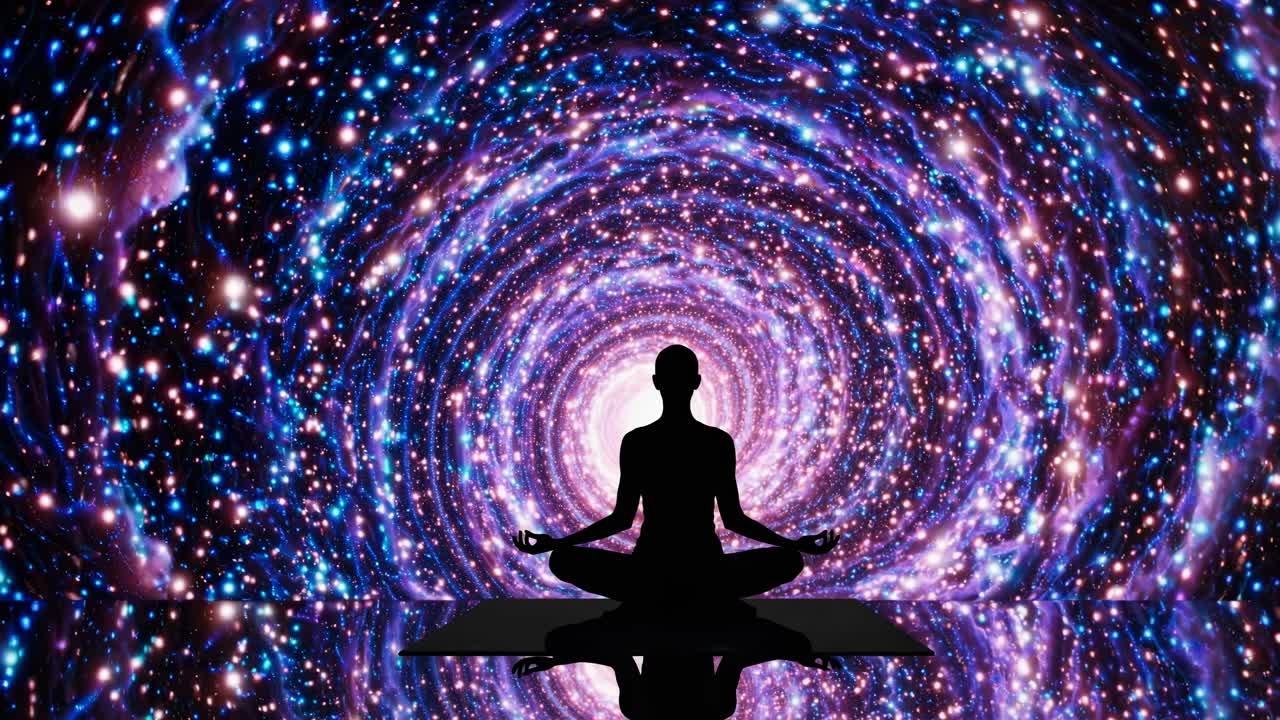 Silhouette di una persona che medita di fronte a un vortice cosmico e stellato