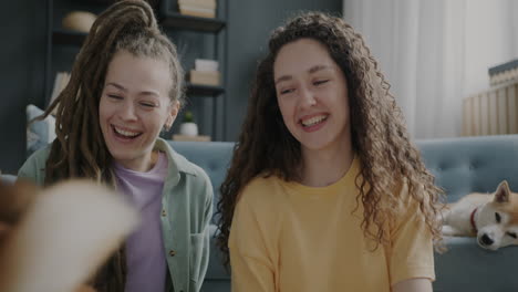 two friends having a video call at home