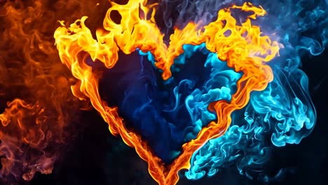 un corazón hecho de fuego y llamas azules y naranjas