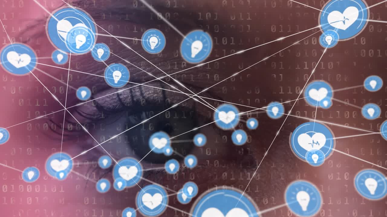 Animazione di rete di connessioni con icone ed elaborazione dati sull'occhio di una donna