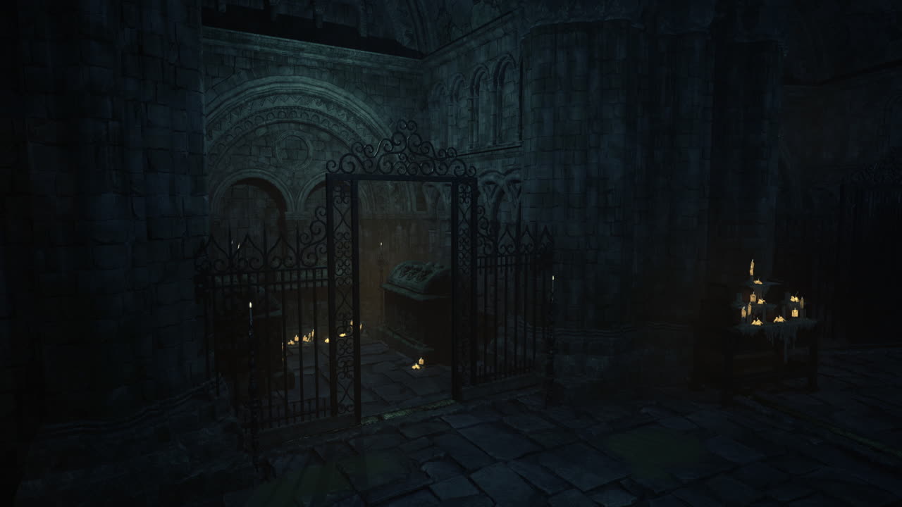 Eerie stone chamber lit by flickering candles in a dark setting