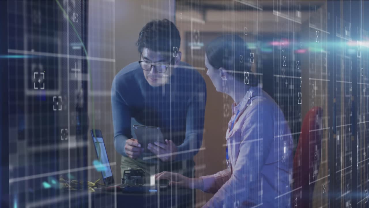 Animation of data processing over diverse man and woman working on laptop in server room