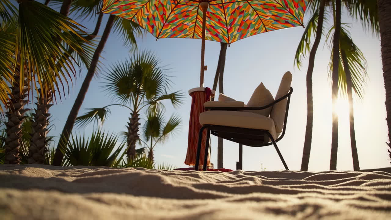 A serene beach scene with a colorful umbrella and lounge chair under palm trees