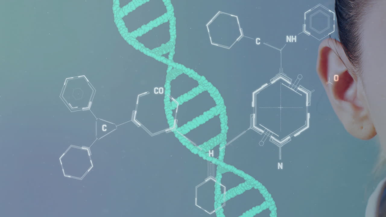 카우카시안 여성 과학자에 대한 dna 스트랜드와 화학 공식의 애니메이션