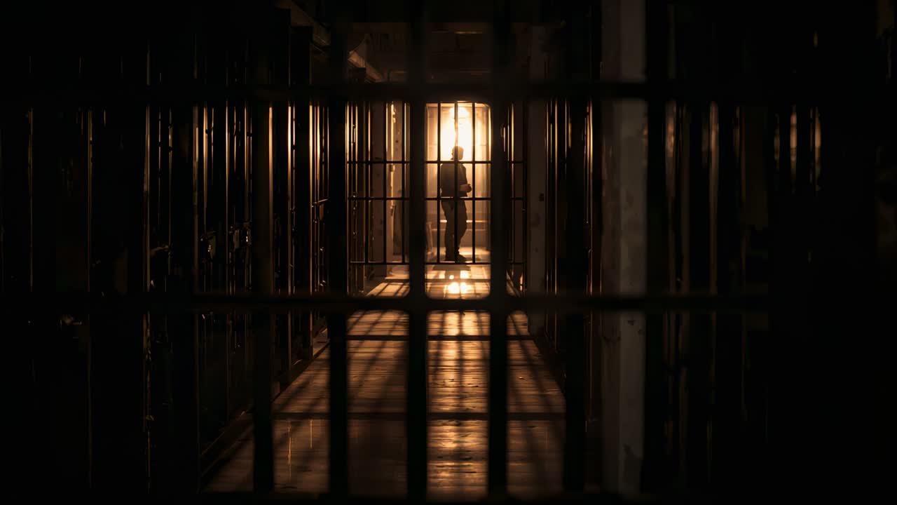 Standing silhouetted man shifting weight in cell block corridor, with metal bars and long shadows