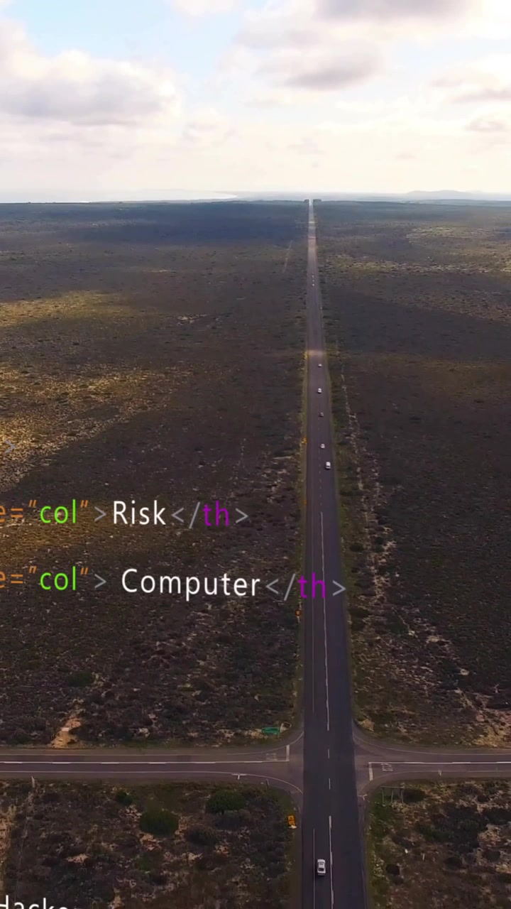 Creating animation, HTML code overlay on aerial road view through vast landscape