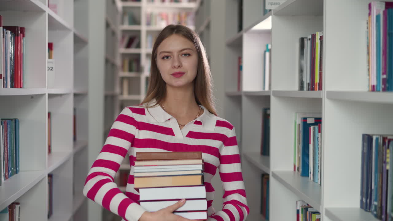 mujer positiva sostiene libros de pie en el pasillo de la tienda. mujer rubia en ropa casual lleva literatura para la tarea en la biblioteca moderna. dama con novelas de detectives
