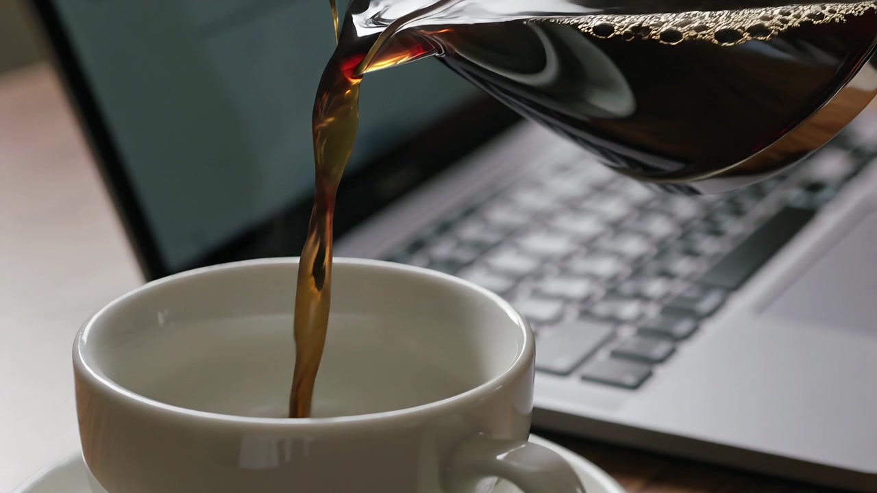 Jarra de vidro inclinada derramando café escuro em uma xícara branca em uma mesa de madeira para trabalhar, laptop desfocado.