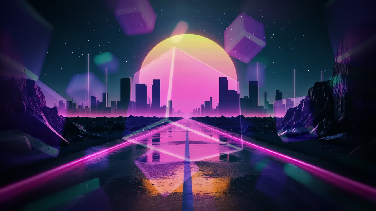 Retro Synthwave Cityscape with Neon Trails and Geometric Cubes