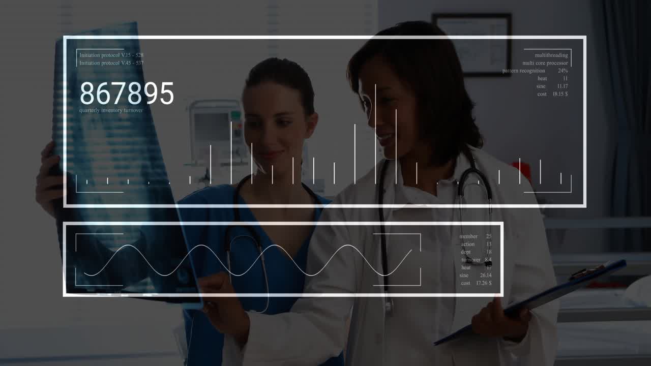 two women doctors holding X-ray film, taking notes on clipboard, while data charts float