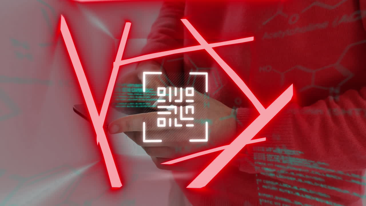 네온 qr 코드 스캐너와 스마트폰을 사용하는 사람의 중간 섹션에 대한 데이터 처리