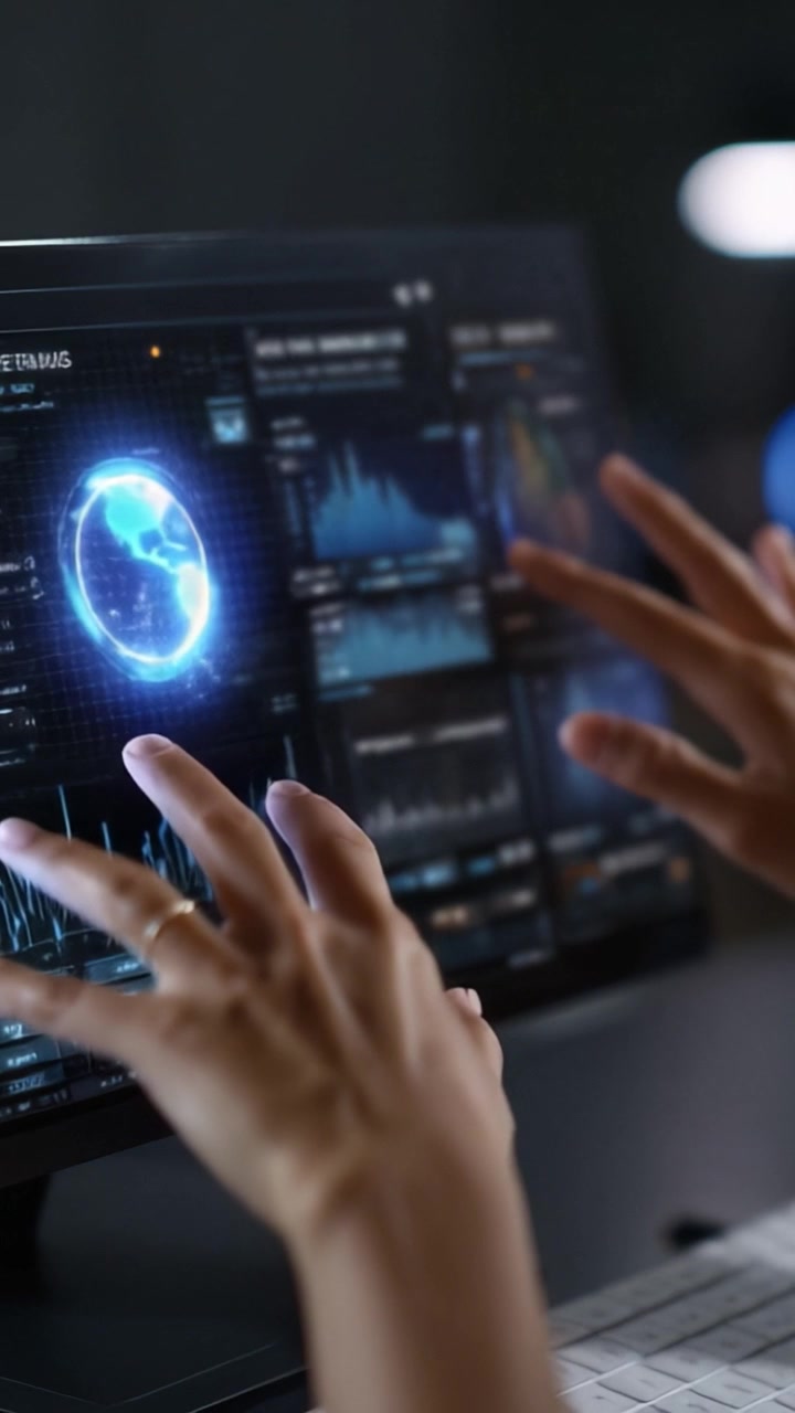 Futuristic Interaction with Advanced Technology: A User Engaging with Data Visualization on a Touchscreen Display in a High-Tech Environment