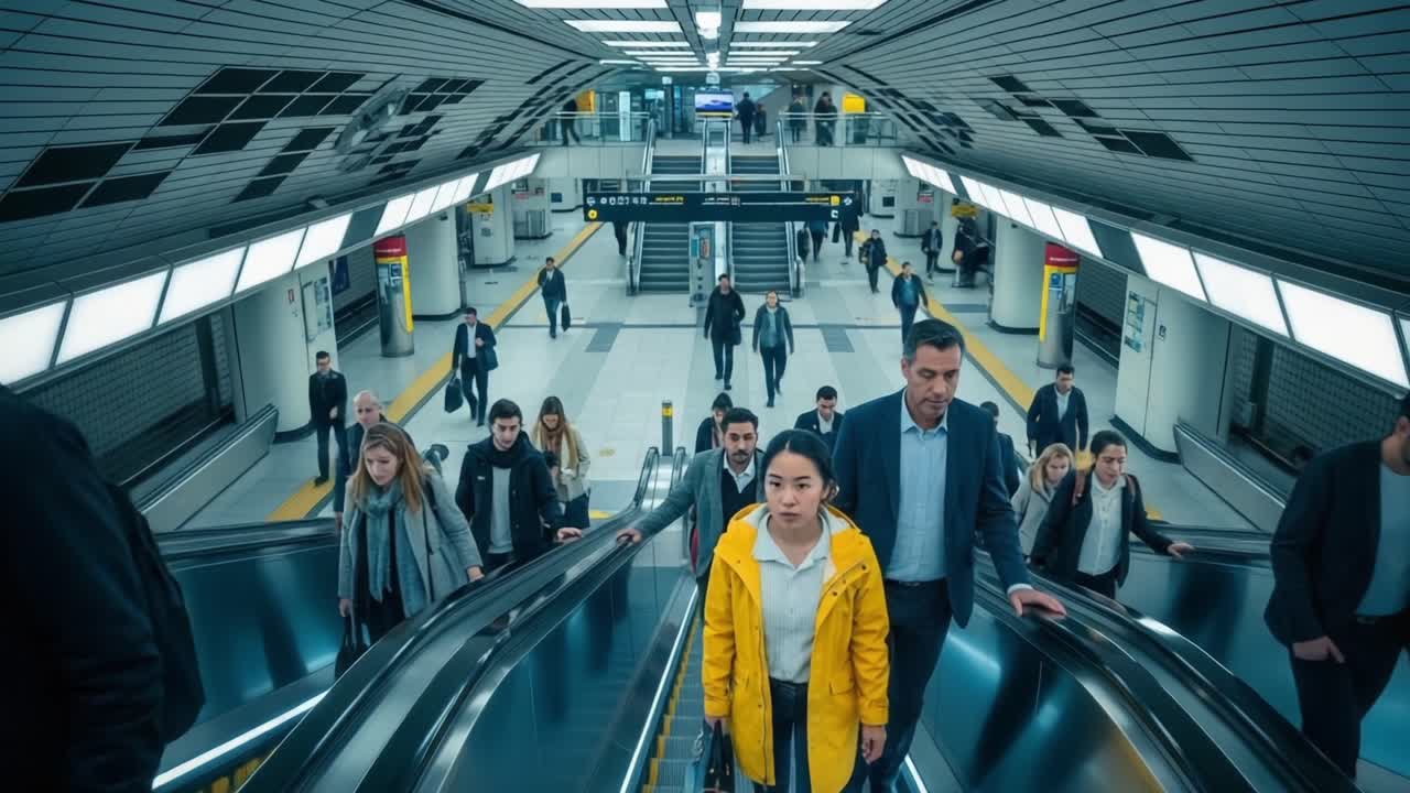 A Busy Urban Subway Station Scene: Commuters Descending and Ascending Escalators Amidst a Modern Transit Environment
