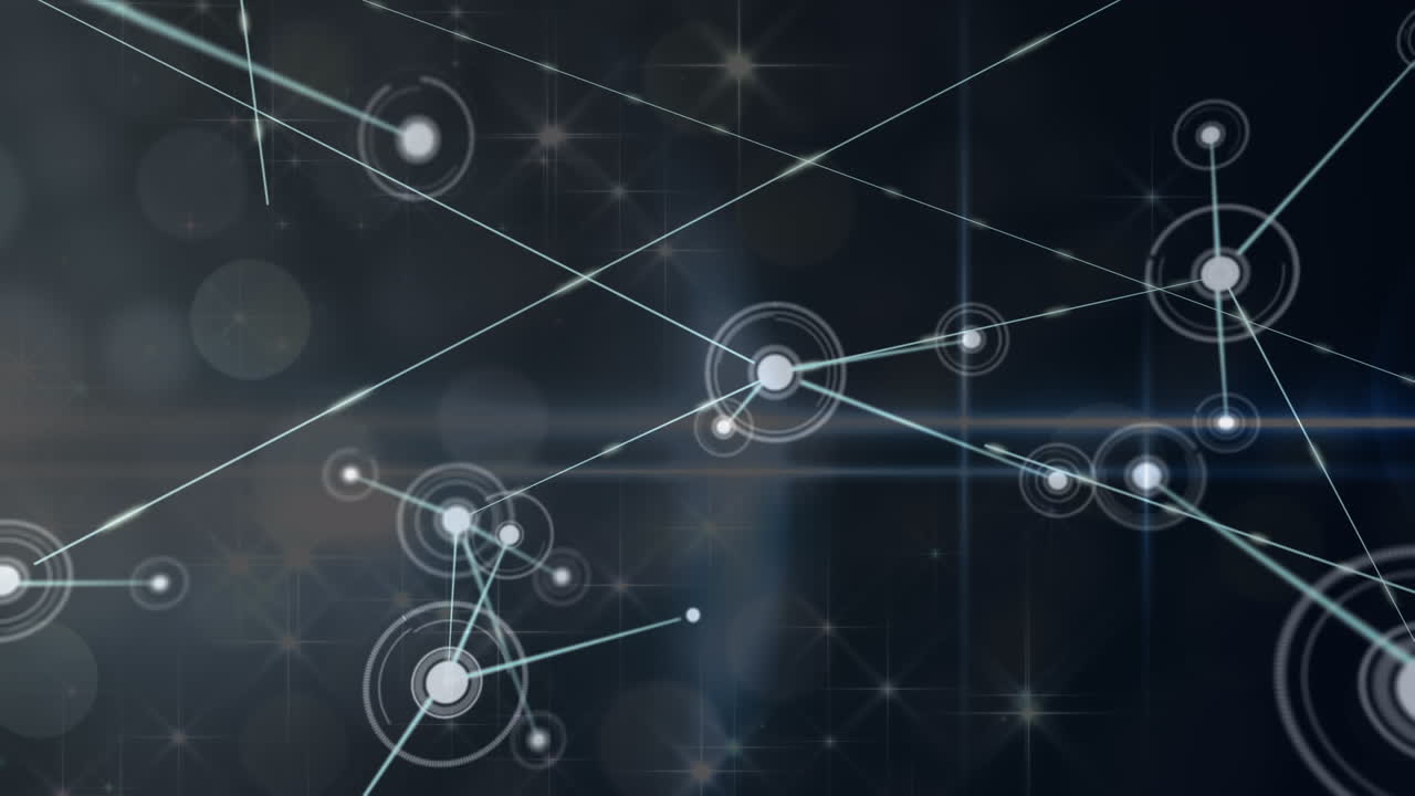 animación de la red de conexiones sobre puntos de luz y estrellas brillantes contra un fondo negro.